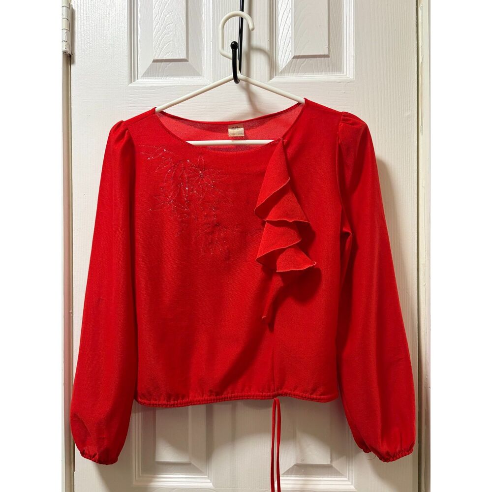Red Ruffle Front Long Sleeve Blouse Women’s Small – Lightweight Polyester